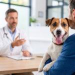 Dog owner consulting with a veterinarian to answer common pet owner FAQs and health questions during a vet visit.