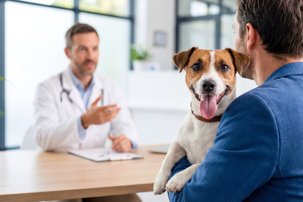 Dog owner consulting with a veterinarian to answer common pet owner FAQs and health questions during a vet visit.